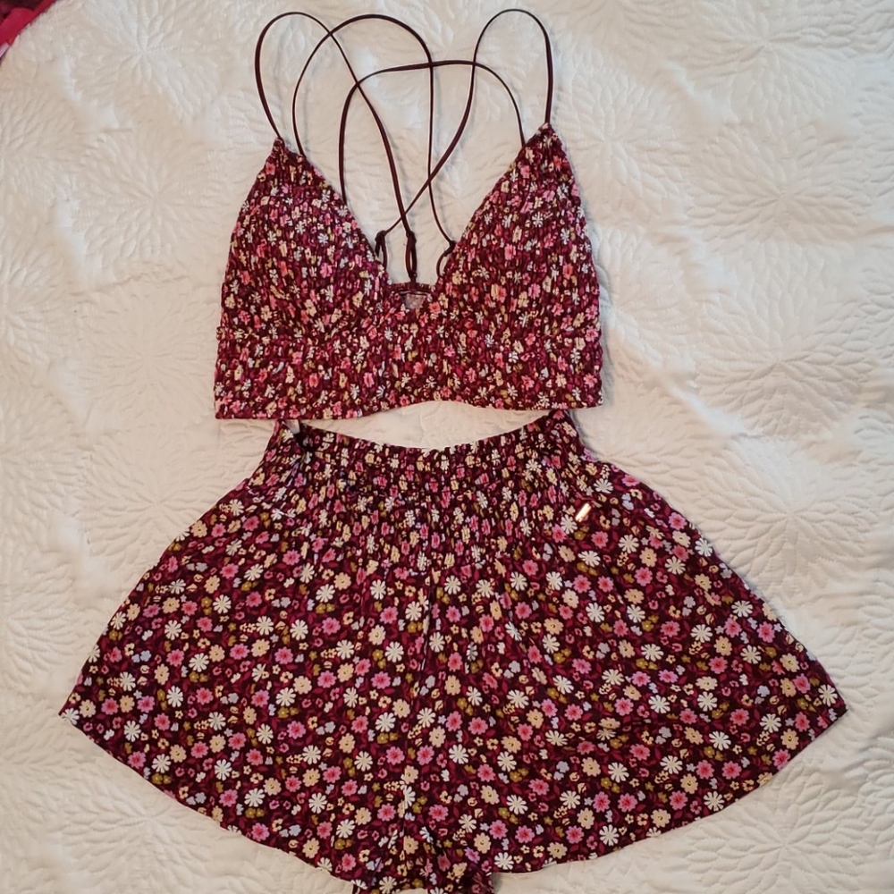 PINK Victoria's Secret High Waist Floral Shorts - Burgundy and Pink